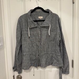 LOFT Striped Gray Linen Blend lightweight Jacket Size Large Fall Travel Coastal